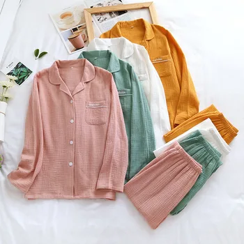 

Autumn Lovers Gauze Cotton Solid Color Sleepwear Turn-down Collar Pajamas Set Men And Women Couples Comfort Loose Thin Homewear