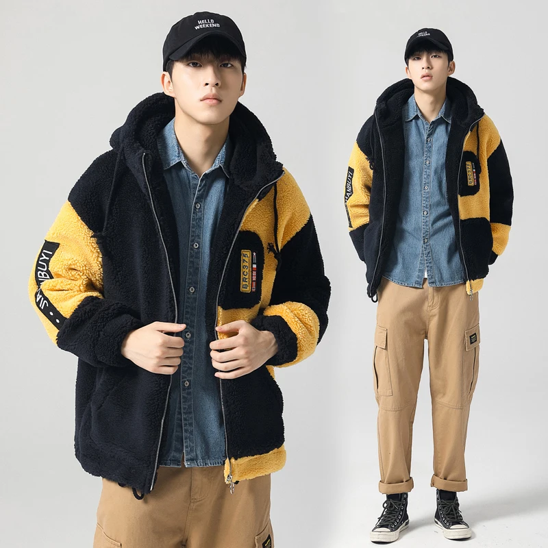 2019 winter new men's fashion lamb fur hooded coat men's stitching label warm casual jacket men's l