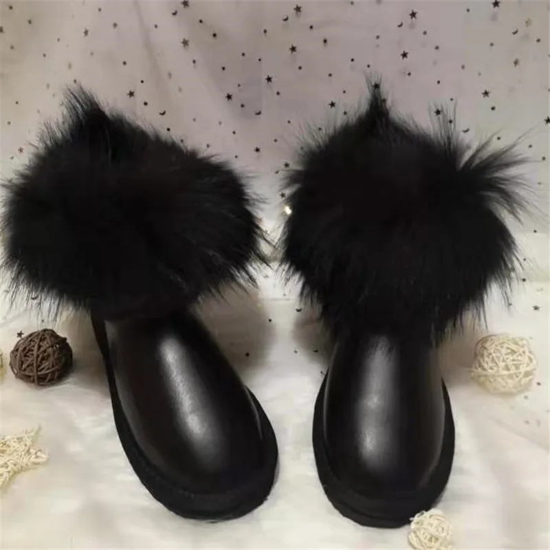 New Natural Big Fox Fur Genuine Leather Women Snow Boots Wool Inside Winter Boots Slip-On Ankle Boots Female Raccoon Fur