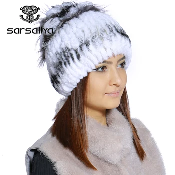 

SARSALLYA Winter fur hat for women real rex rabbit fur hat with silver fox fur flower knitted beanies sale women fur cap