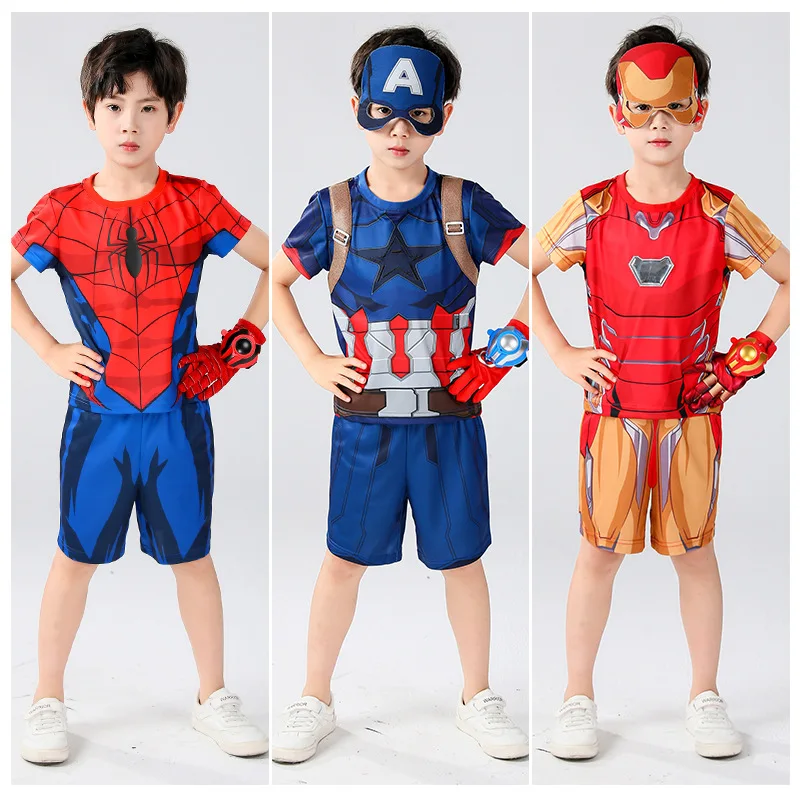 

2022 Halloween Kids Costume Anime Movie Cosplay Genuine Children Spider Top Tony Pants Captain Eye Mask Summer Short Sleeve Set