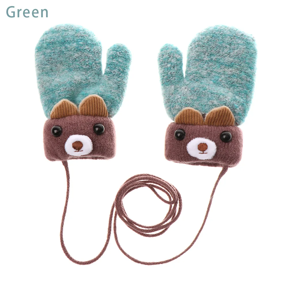 green Новые детские перчатки с милым медведем из мультфильма для детей от 0 до 3 лет, зимняя вязаная шерстяная одежда, теплые бархатные варежки для новорожденных - Цвет: green