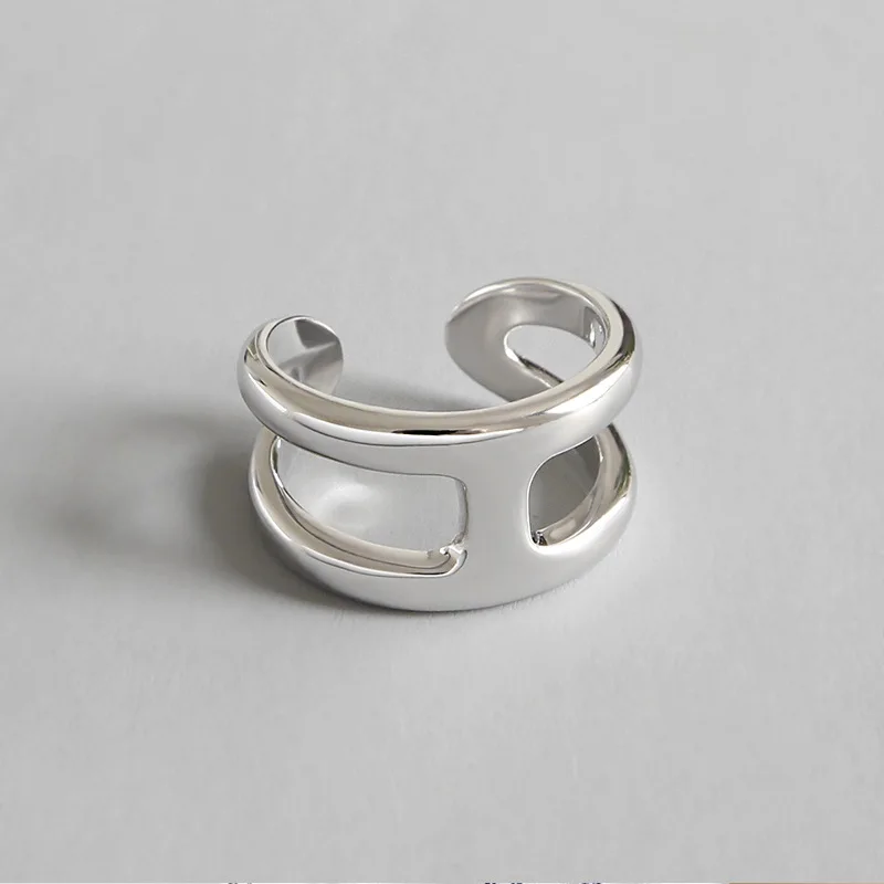

925 Sterling Silver Very Simple Glossy Double H Personality Opening Adjustable Ring Lady's Simple Geometric Ring Accessories