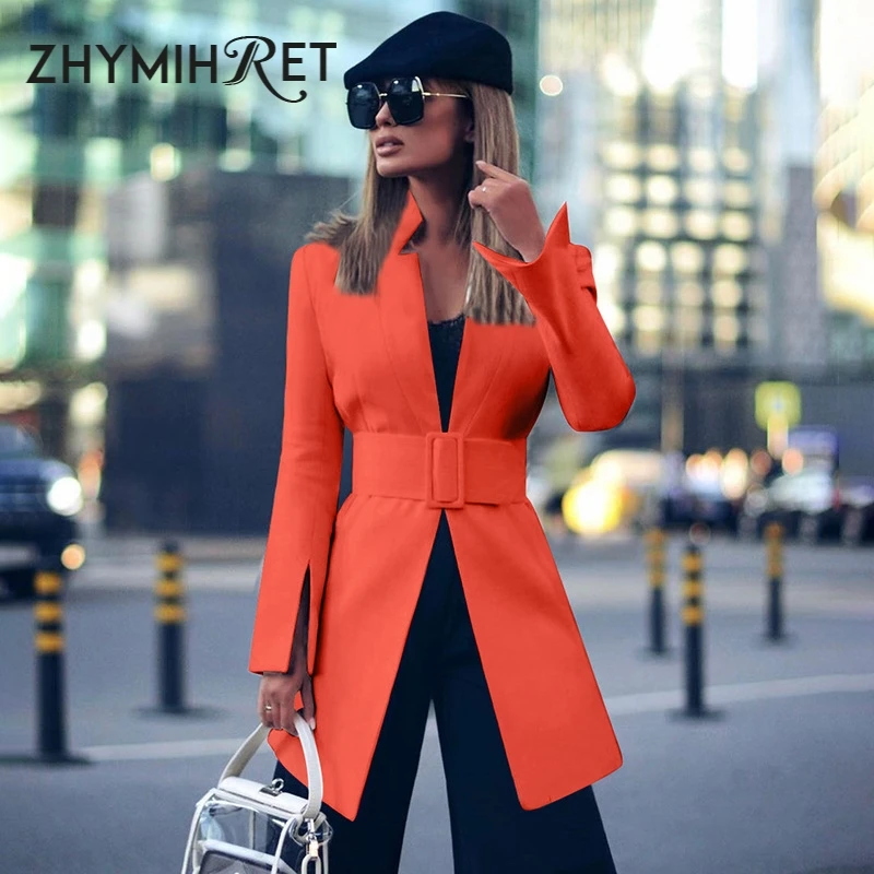 ZHYMIHRET Осень Зима V образным вырезом Блейзер Feminino длинный Сплит рукав пальто Пояс женская верхняя одежда элегантный офис леди Длинные Костюмы