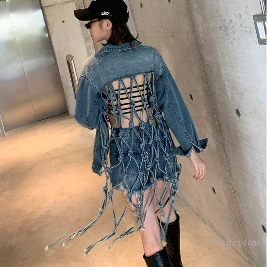 

Popular Backless Denim Jeans Jacket Women Loose Long Tassel Denim Coat 2020 Autumn New Female Hipster Harajuku Street Jackets