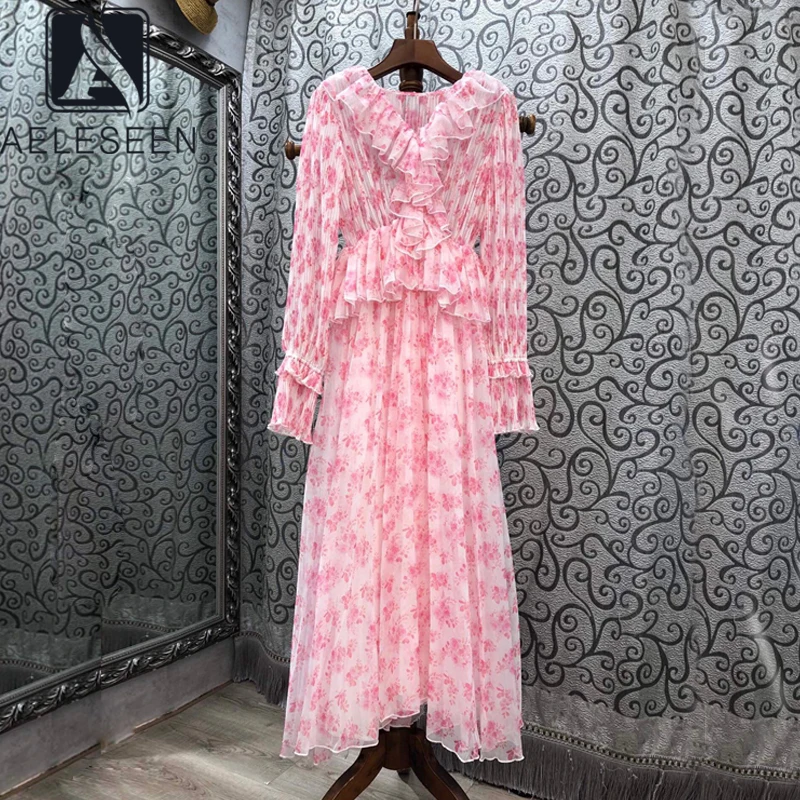 AELESEEN Runway Fashion Pink Dress Designer New V