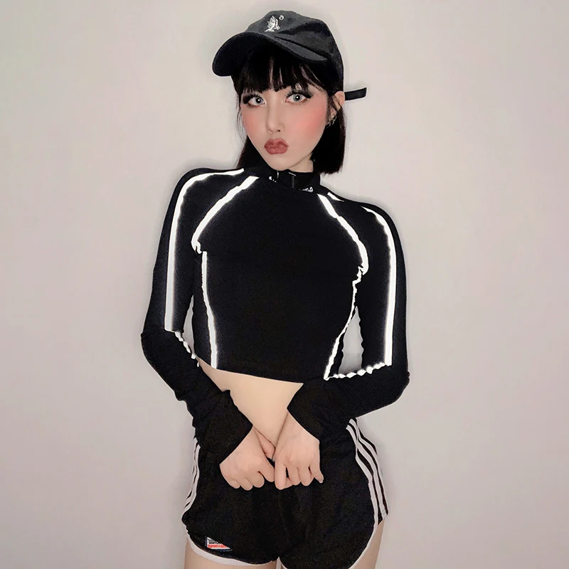 HEYounGIRL отражающая лента Harajuku женская футболка с длинным рукавом Базовая хлопковая Футболка женская хип хоп черная футболка Femme осень