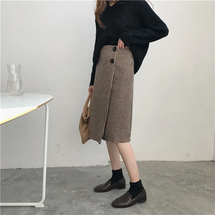 Bella philosophy зимняя женская юбка с пуговицами, облегающая юбка с высокой талией, модная клетчатая юбка-карандаш в мелкую клетку