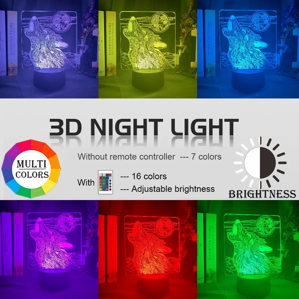 3d лампа, животное, волк, луна, Led, меняющий цвет, на батарейках, Ночной светильник, для декора комнаты, классный светодиодный Ночной светильник, Прямая поставка