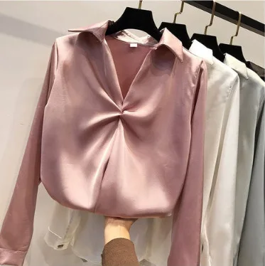 Осенняя сатиновая шелковая женская блузка, элегантная Однотонная рубашка высокого качества, свободный женский топ, офисный Женский Топ с длинным рукавом размера плюс, топы - Цвет: Розовый