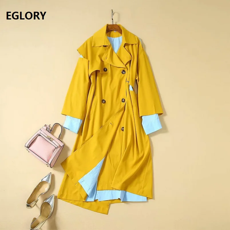 

High Quality New 2019 Autumn Long Coat Trench Women Turn-down Collar Yellow Blue Color Patchwork Hollow Casual Windbreker Lady