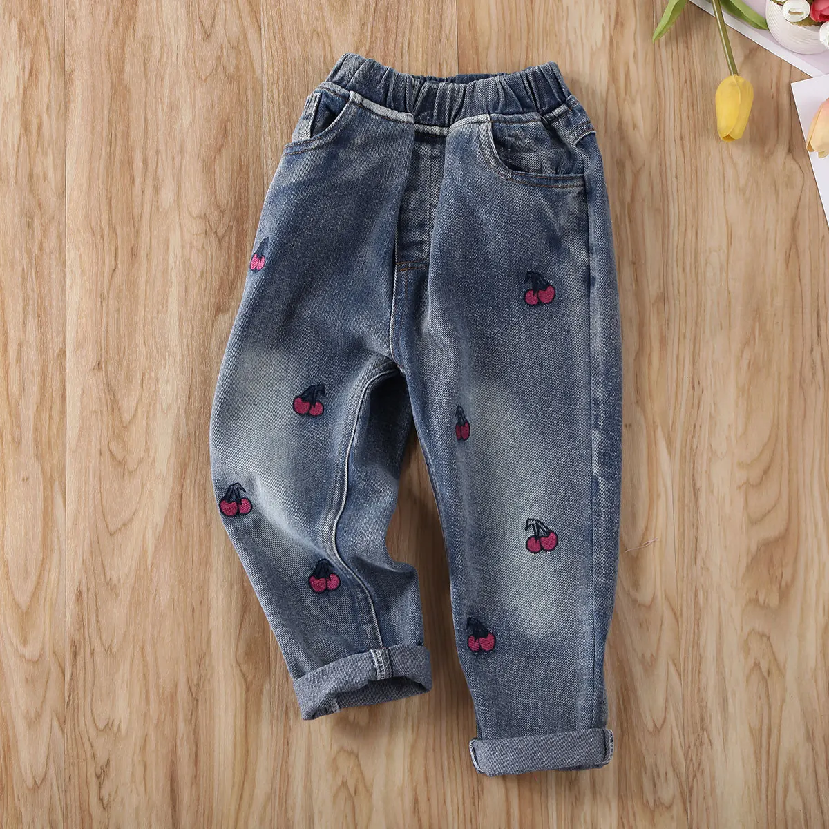 Модные джинсы для маленьких девочек, джинсовые штаны, леггинсы с эластичной резинкой на талии и От 2 до 7 лет принтом, штаны, одежда