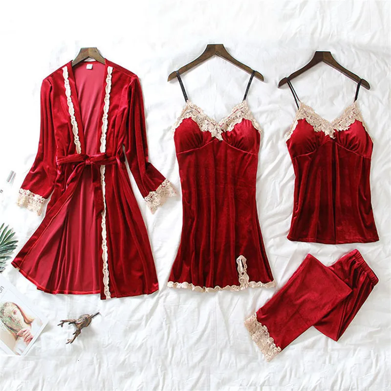 JULY'S SONG 4 Pieces Velvet Warm Pajamas Set Women Sexy Lace Sleepwear Pajamas Suit Winter Sling Nightdress Woman Nightwear