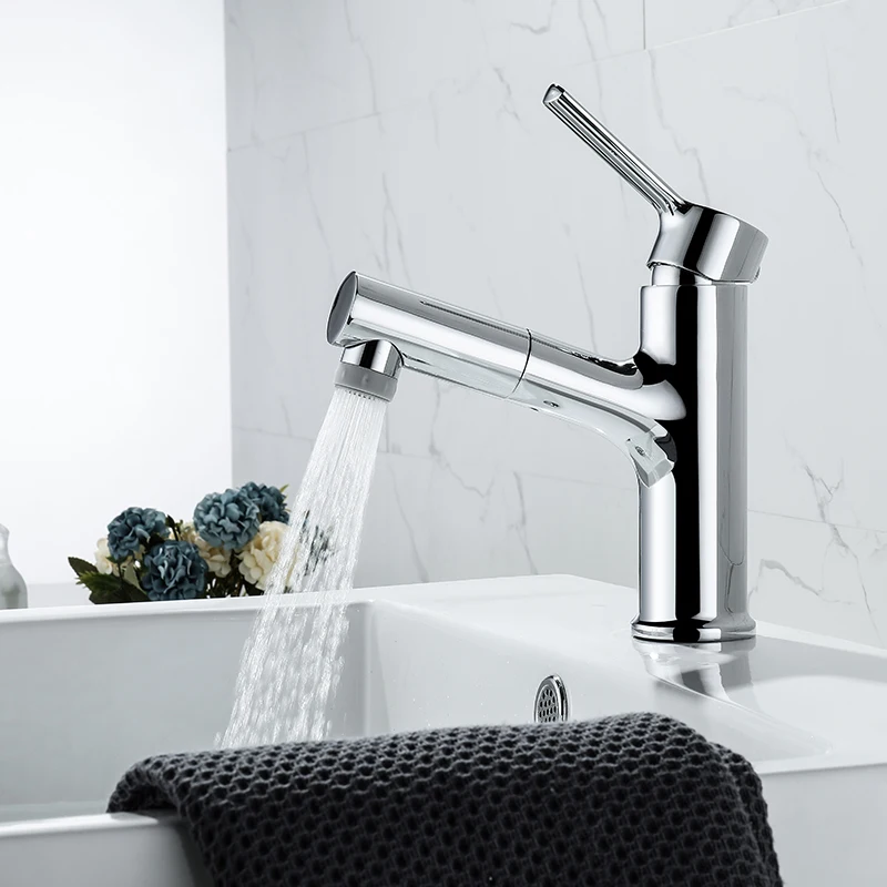 

Single Hole Pull Out Bathroom Basin Water Tap Mixer With 2 Ways Spout Hot and Cold Water Chrome Plated