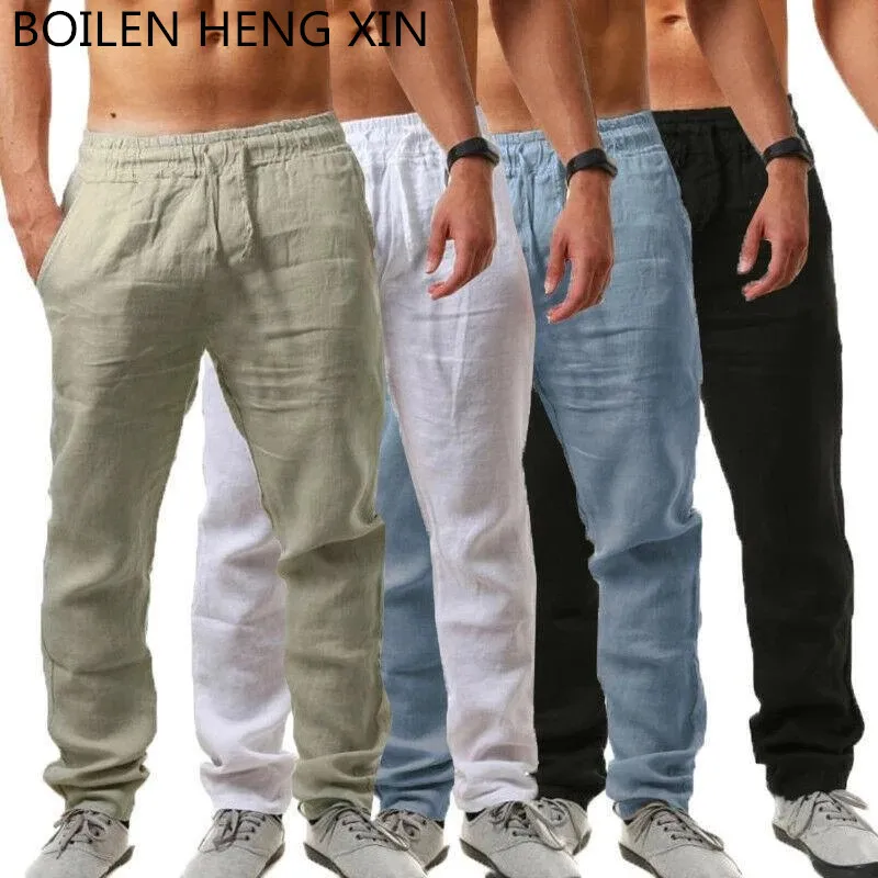 Pantalones de algodón y lino finos para hombre, pantalón informal, transpirable, ultrafino, para primavera y verano, 2020