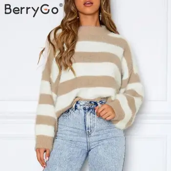 

BerryGo Casual striped mohair pullover sweater women Long sleeve autumn winter warm female sweater O-neck soft ladies jumper