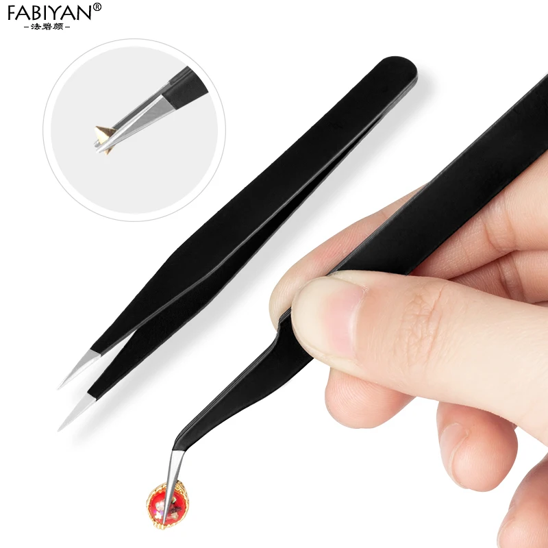 

2pcs Stainless Steel Picking Nail Art Tool Anti-Magnetic Nipper clipper Tweezer Curved Straight Rhinestone Glitter