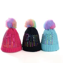 MYZOPER разноцветный пушистый шарик блестки холодной защиты вязаная шапка в полоску модная шапка бини для осени зимы женская зимняя шапка