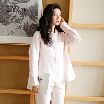 

LYun Autumn and winter new Japanese fresh pink lattice ladies pajamas suit air cotton long sleeve thickened lapel home service