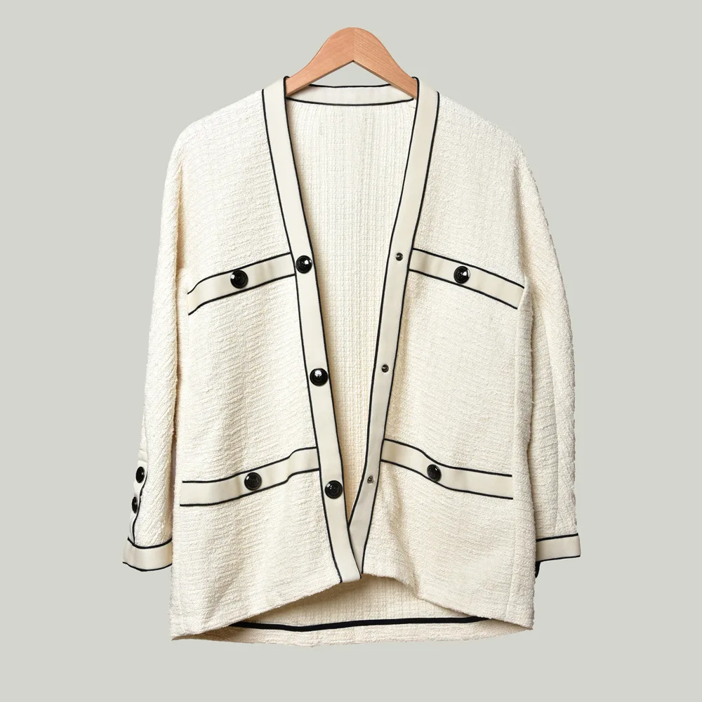 

Autumn And Winter Women's Tweed Coat Long Sleeve Ladies Single Breasted V-neck Loose Outwear Top Cardigan Jacket
