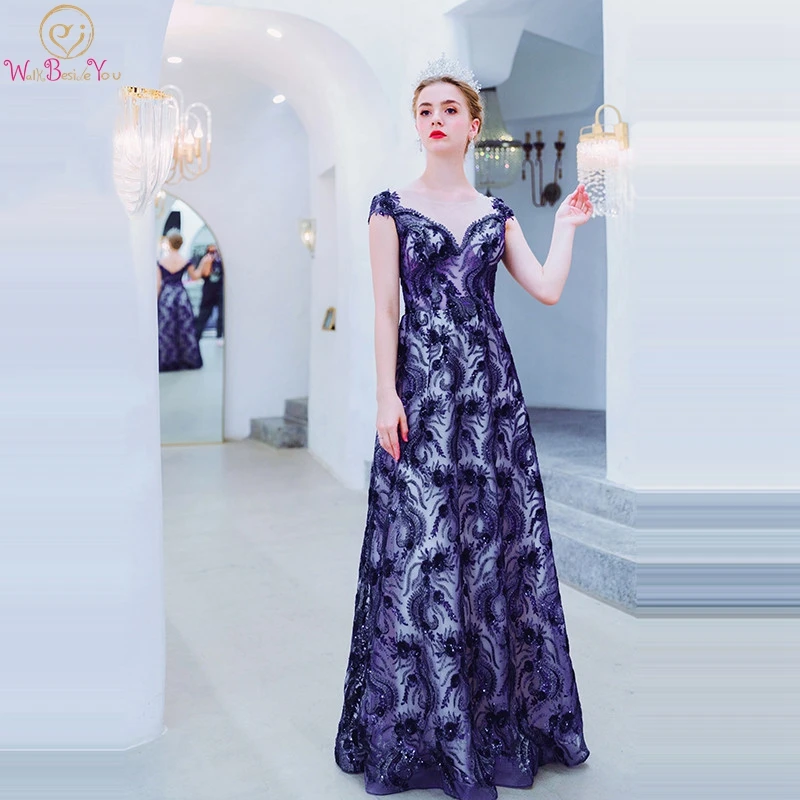 Темно-синие вечерние платья вечерние элегантные расшитые блестками кружевная горловина с рукавами-крылышками трапециевидные Свадебные платья для выпускного вечера для женщин