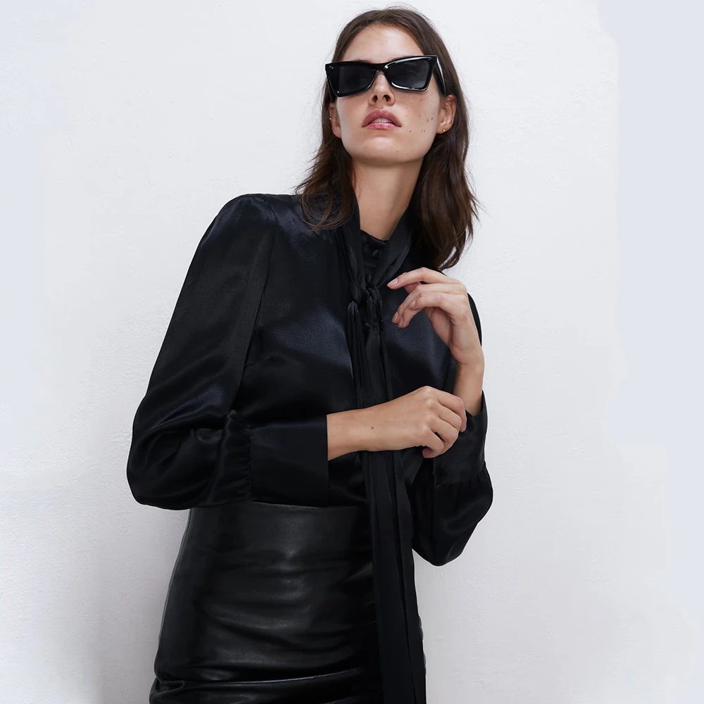 Ladyfirsy черный Vinculum шеи ZA рубашки для женщин трендовый офис леди очарование девушки клуб заявление Осенняя женская одежда
