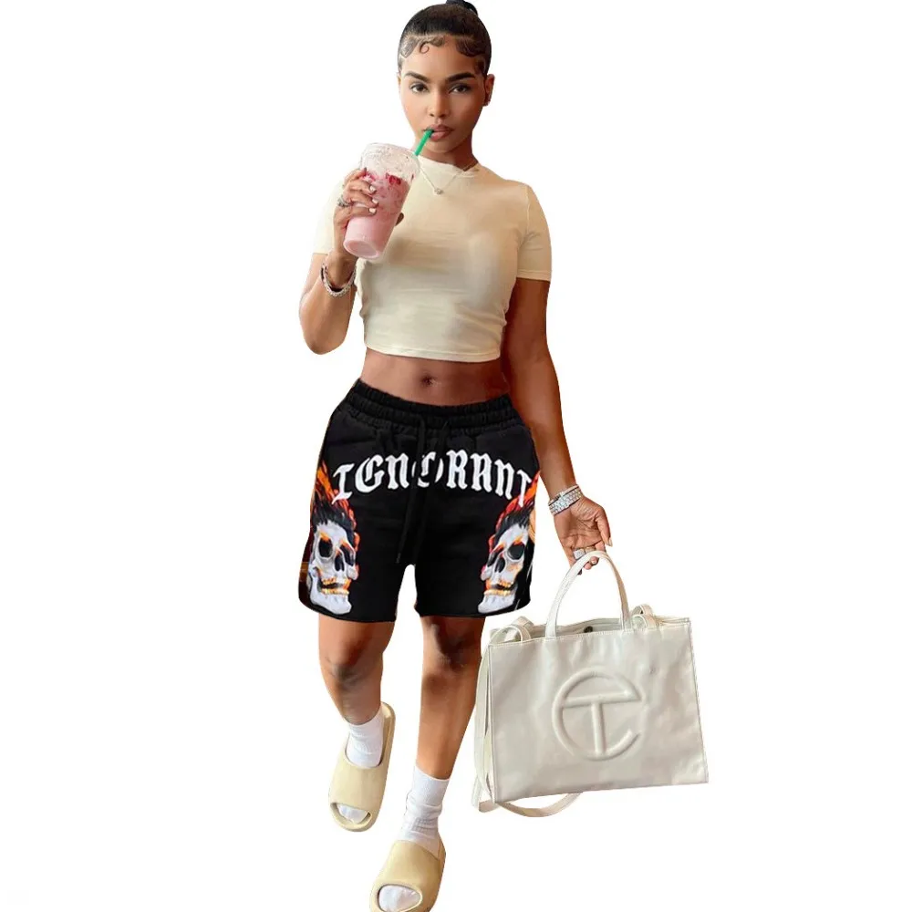 Skeleton Two-Piece Suit Short Sleeve T-Shirt Belted Shorts Suit Summer New Women Fashion Sexy Suit Street Hipster Black White