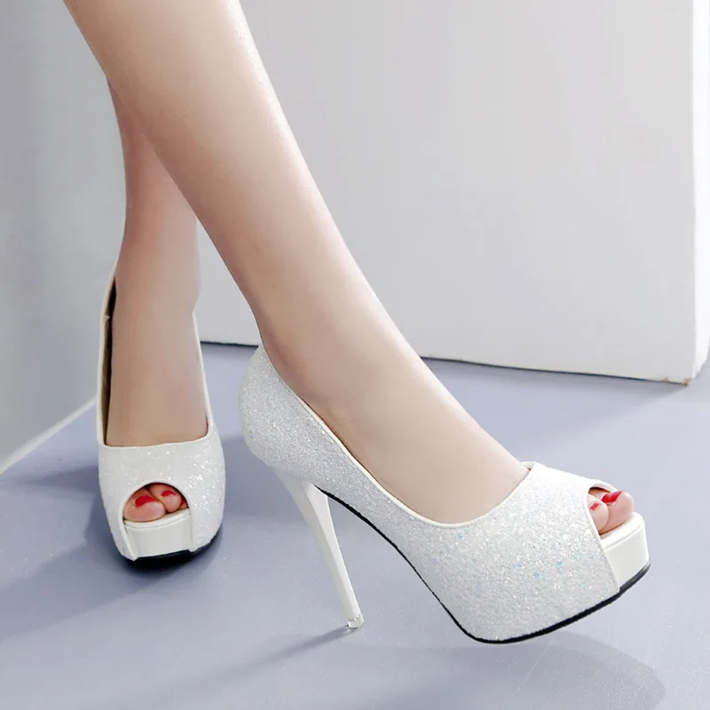 

2019 HOT Women Pumps Sequined Cloth Peep Toe Slip On 12CM Thin Heels Waterproof platform Office High Heel Shoes