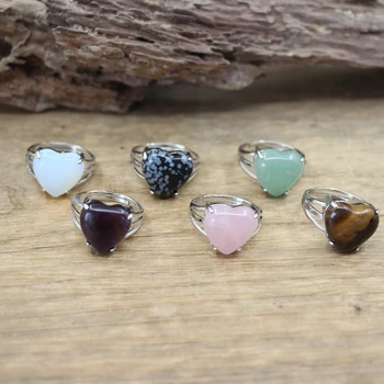 Heart Gems Stone Adjustable Rings Reiki Healing Rose Quartzs Amethysts Opalite Aventurine Ring Women Jewelry Dropshipping,QC4047 1