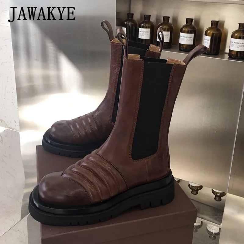 coffee wave JAWAKYE; Новинка; ботинки до середины икры с волнистым узором; простая женская обувь на платформе с круглым носком; обувь для подиума из натуральной кожи; зимние женские ботиночки - Цвет: coffee wave