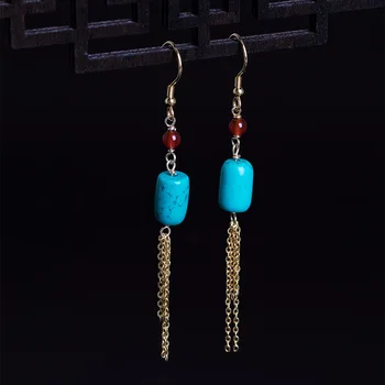 

Real 925 Sterling Silver Jewelry Natural Turquoise Stone Ethnic Boho Tassel Earrings For Women Christmas Jewelry