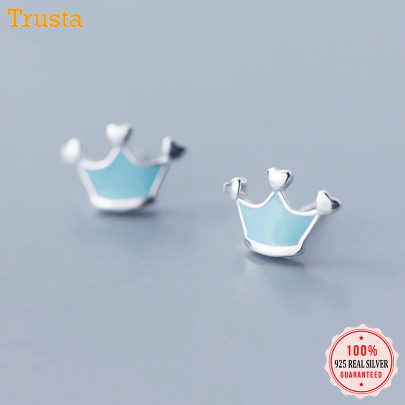 Trusta 925 пробы серебряные женские ювелирные изделия Модные однотонные серьги-гвоздики с голубой короной подарок на день рождения для девочек DS1437