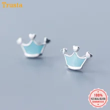 Trusta 925 пробы серебряные женские ювелирные изделия Модные однотонные серьги-гвоздики с голубой короной подарок на день рождения для девочек DS1437