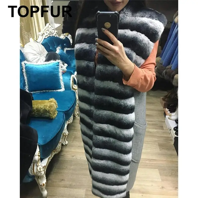 TOPFUR роскошный зимний мех кролика Рекс с кашемировой курткой для женщин теплое пальто Мода 90 см длинный натуральный меховой жилет