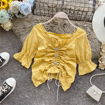 

Women's Summer Short Sleeve Shirt 2020 New French Design Drawstring Lacing Ruffled Square Collar Short Shirt Top ML807