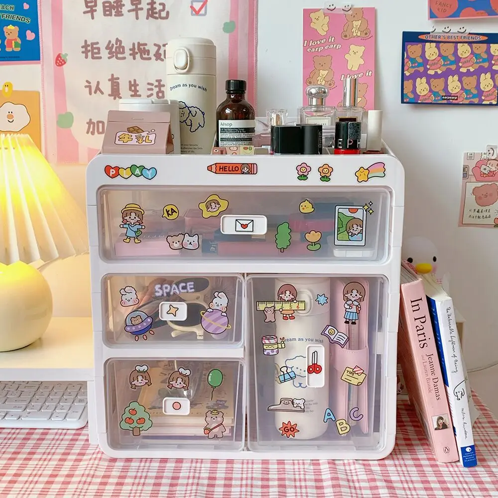 MINKYS Kawaii Large Capacity Transparent Drawer Type Desktop Organizer Desk Storage Box Pen Holder School Office Stationery