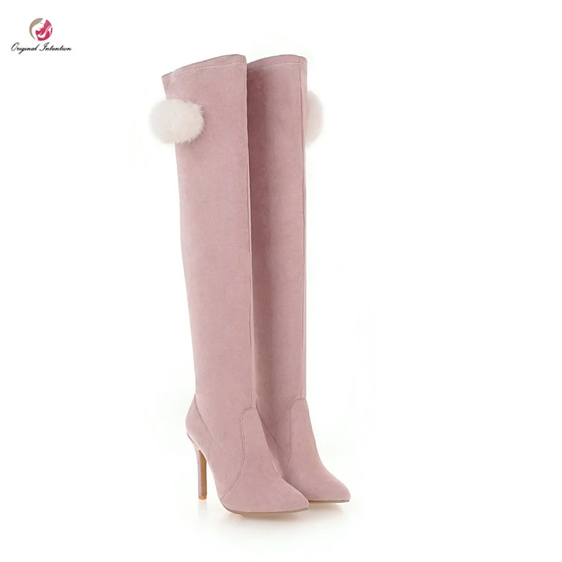 

Original Intention Sweet Winter Over-the-Knee Boots Woman Pointed Toe Thin Heels Boots Fashion Pompon Shoes Woman Plus Size