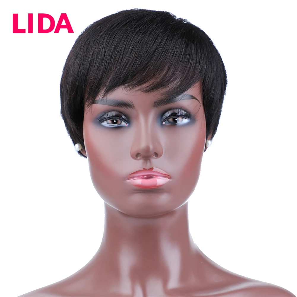 

Lida Short Human Hair Wig Remy Brazilian Straight Machine Made Wig 6 inch 130% Density Human Hair Women Wig