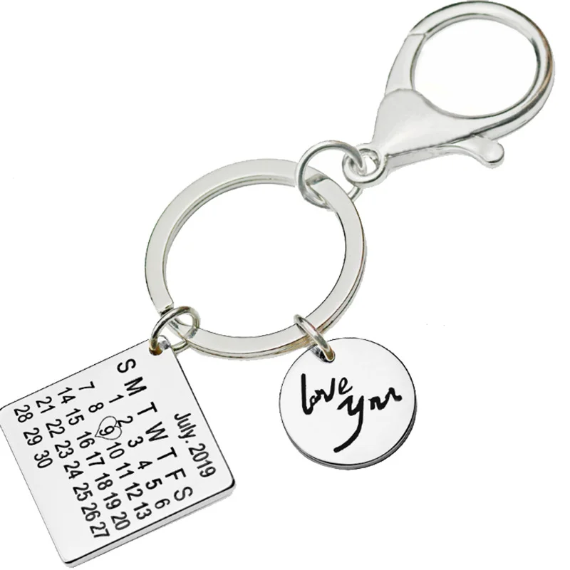 

Personalized Date Calendar Keychain Stainless Steel Square Disc Love You Custom Keychain Fashion Couple Men and Women Keychain