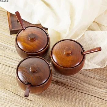 

1 Set Solid Wood Spice Jar Sugar Bowl Salt Pepper Seasoning Box Japanese Spoon And Kitchen Tool With Lid
