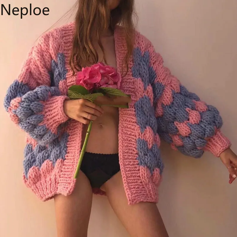 Neploe Contrast Color Patchwork Hand Knitted Twist Cardigans Sweater V Neck Lantern Long Sleeve Cross Design Pull Femme Coat