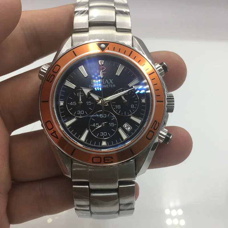 

Watch Men 44mm 007 Chronograph Luminous Japan VK63 Movement Quartz Date Steel Strap Bracelet Black Bezel Waterproof Watch