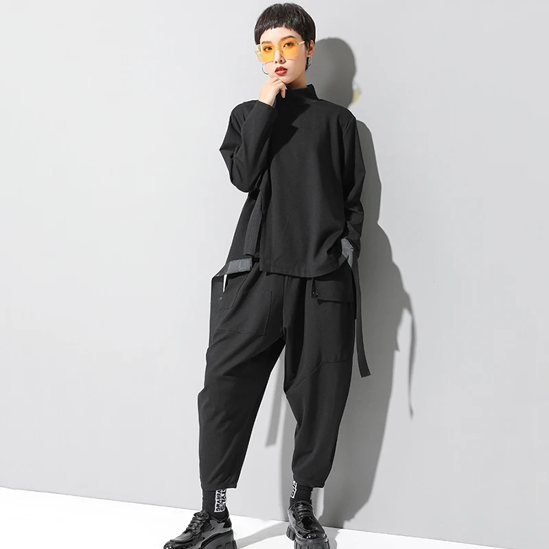 [EAM] High Elastic Waist Black Pocket Leisure Harem Trousers New Loose Fit Pants Women Fashion Tide Spring Autumn 19A-a127