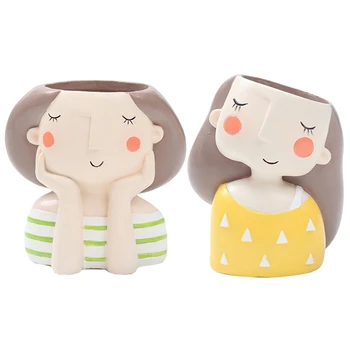 

2 Pcs Lovely Girl Cartoon Design Resin Plant Flower Pot Succulent Container Planter Bonsai Pot Flowerpot Desktop Craft Home Deco