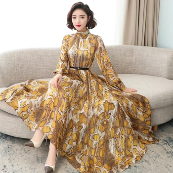 

Spring New Scarf Collar Printed Lantern Sleeve Fashion Dress Woman Elegant Belt Long Party Dress Plus Size Women Clothes