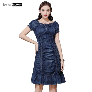 

Spring Summer Denim Dress Women Vintage Ruffles Short Sleeve Slim Jeans Dresses Female O Neck A Line Elegant Ladies Mini Dress