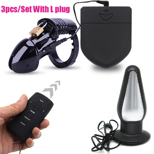 Wireless Remote Electric Shock Male Chastity Cock Cage Ball Stretcher,Electro Stimulation Big Anal Plug Penis Ring BDSM Sex Tool