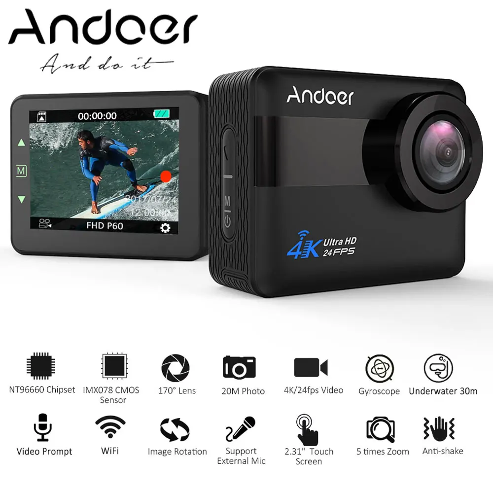 

AN1 Sports Action Camera Ultra 4K 24FPS WiFi 1080P 20Mega Nt96660 Chipset HD 2.31inch Touch Screen External Voice Prompt