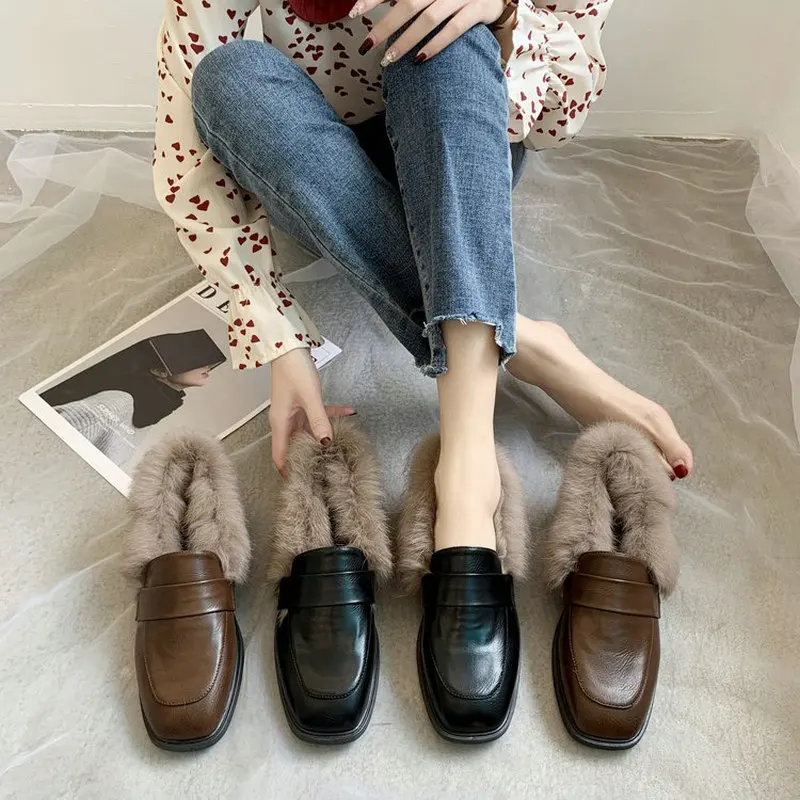 

winter snow warm with fur Women Casual Shoes Lazy loafers slip on low heel pumps Square head shoes A61-15 HF