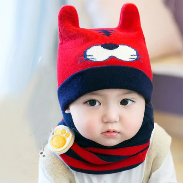 0-12 months Child baby WAutumn And Winter Knit hat infant Skull cap Warm ear protectors lovely Beanie Two-piece hat scarf Z135
